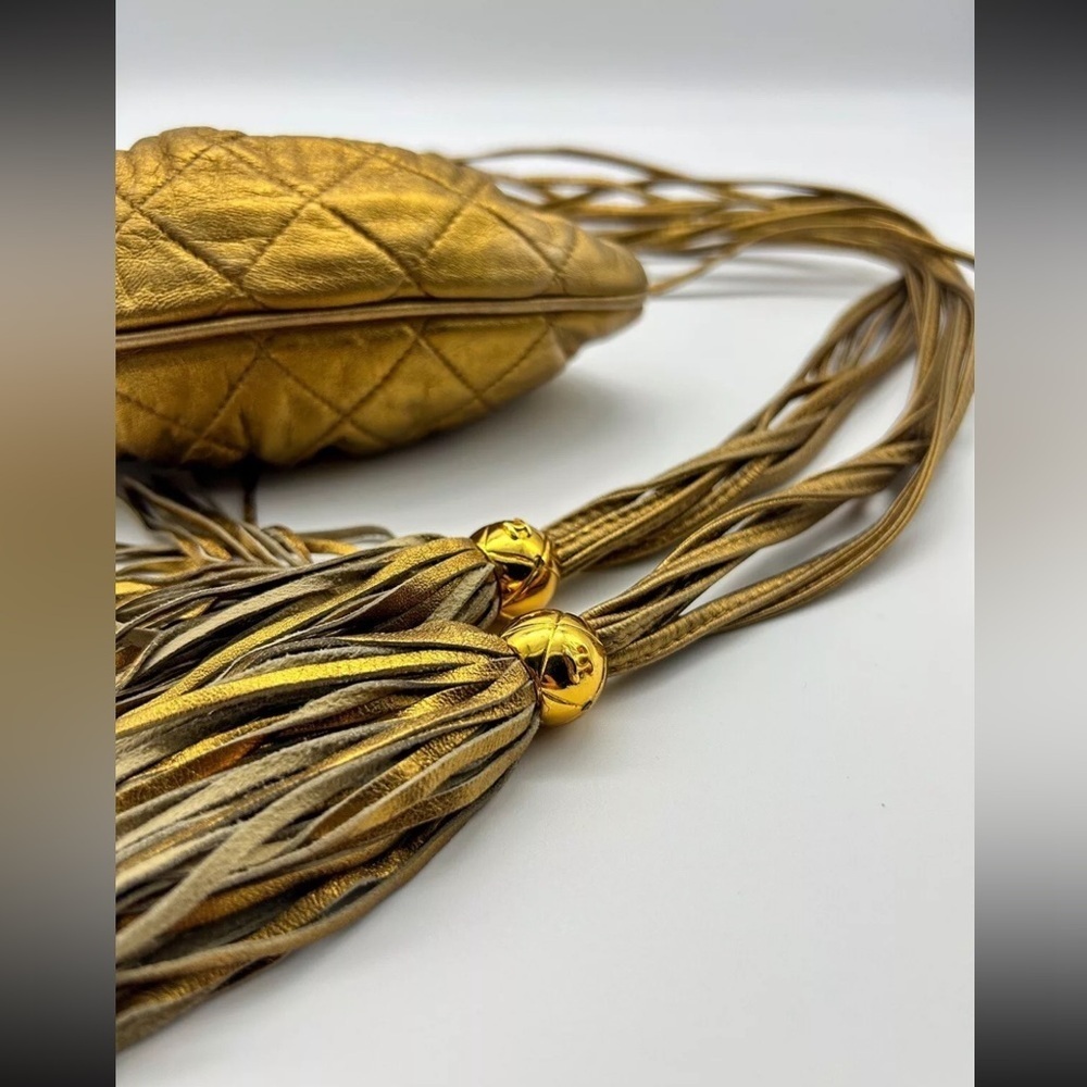 Chanel Quilted Vintage Rare Gold Bronze Waist Pouch bag Tie Fringe sling - Picture 4 of 16